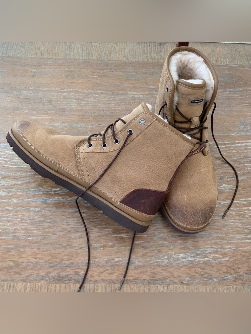 Ugg Leather Shearling Sheepskin Laces Beige Shabby Boots US 11
